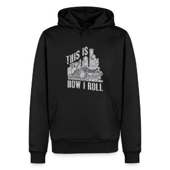 Lokführer Bahn Design I Model Eisenbahn - Männer Premium Bio Hoodie - Schwarz - Vorne - Nico (187cm)