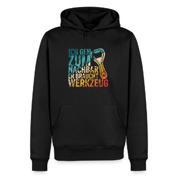 Ich geh zum Nachbar Er Braucht Werkzeug - Männer Premium Bio Hoodie - Schwarz - Vorne - Nico (187cm)