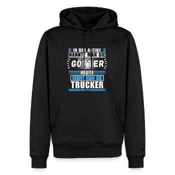Götter in der Antike. Heute Trucker - Männer Premium Bio Hoodie - Schwarz - Vorne - Nico (187cm)