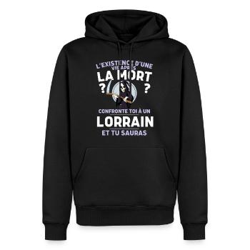 Cadeau Humour Homme Lorrain - Sweat à capuche Premium bio Homme - noir - Devant - Nico (187cm)