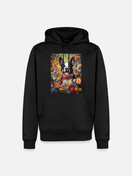 Boston Terrier blant blomster som malekunst - Premium økologisk hettegenser for menn - svart