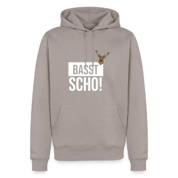Basst Scho | Trachten Hirsch - Männer Premium Bio Hoodie - Taupe - Vorne - Nico (187cm)