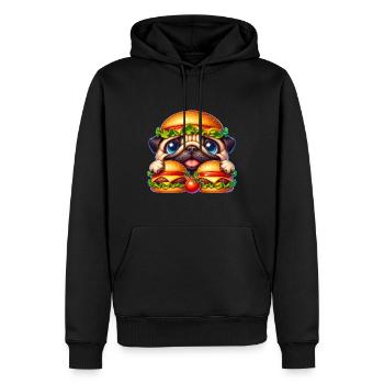 Lustiger Mops mit Burger Fast Food - Männer Premium Bio Hoodie - Schwarz - Vorne - Nico (187cm)