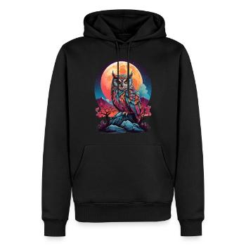 MONDBESCHIENENE MYSTIK: DIE NACHTWACHE EINER BUNTEN EULE - Männer Premium Bio Hoodie - Schwarz - Vorne - Nico (187cm)