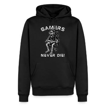 Gamers Never Die – Zocker Skelett Design - Männer Premium Bio Hoodie - Schwarz - Vorne - Nico (187cm)