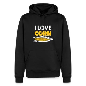 « I Love Corn » blanc et jaune avec du maïs en épi - Sweat à capuche Premium bio Homme - noir - Devant - Nico (187cm)