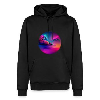 Synthwave-Illustration mit Palmensilhouetten - Männer Premium Bio Hoodie - Schwarz - Vorne - Nico (187cm)
