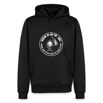 Funny Grim Reaper Inc. Logo, Goth Dark Humor - Männer Premium Bio Hoodie - Schwarz - Vorne - Nico (187cm)