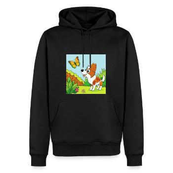 Curious Papillon Investigating a Butterfly - Men’s Premium Organic Hoodie - black - Front - Nico (187cm)