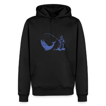 Silhouette de pêcheur avec canne à pêche et truite - Sweat à capuche Premium bio Homme - noir - Devant - Nico (187cm)