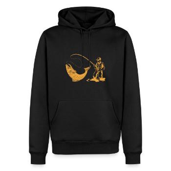 Silhouette de pêcheur avec canne à pêche et truite - Sweat à capuche Premium bio Homme - noir - Devant - Nico (187cm)