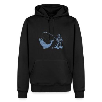Silhouette de pêcheur avec canne à pêche et truite - Sweat à capuche Premium bio Homme - noir - Devant - Nico (187cm)