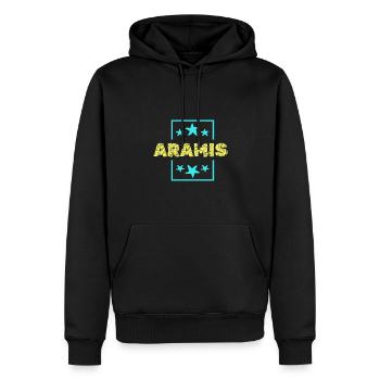 Prénom anniversaire Aramis - Sweat à capuche Premium bio Homme - noir - Devant - Nico (187cm)
