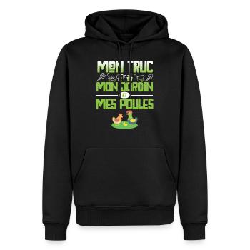 Mon truc mon jardin et mes poules cadeau humour - Sweat à capuche Premium bio Homme - noir - Devant - Nico (187cm)