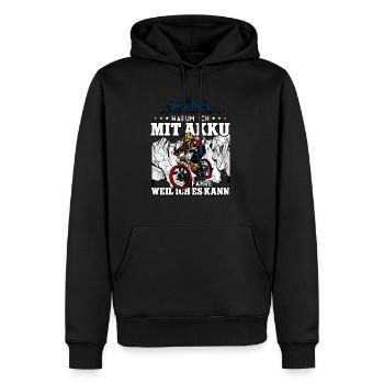 Warum ich mit Akku fahre Pedelec E-Bike - Männer Premium Bio Hoodie - Schwarz - Vorne - Nico (187cm)