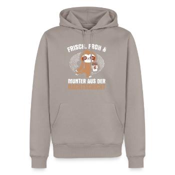 Frisch froh und munter aus der Nachtschicht! Pfleg - Männer Premium Bio Hoodie - Taupe - Vorne - Nico (187cm)