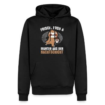 Frisch froh und munter aus der Nachtschicht! Pfleg - Männer Premium Bio Hoodie - Schwarz - Vorne - Nico (187cm)