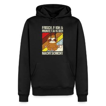 Frisch froh und munter aus der Nachtschicht! Pfleg - Männer Premium Bio Hoodie - Schwarz - Vorne - Nico (187cm)