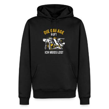 Die Garage ruft Ich muss los - Auto KFZ Liebhaber - Männer Premium Bio Hoodie - Schwarz - Vorne - Nico (187cm)