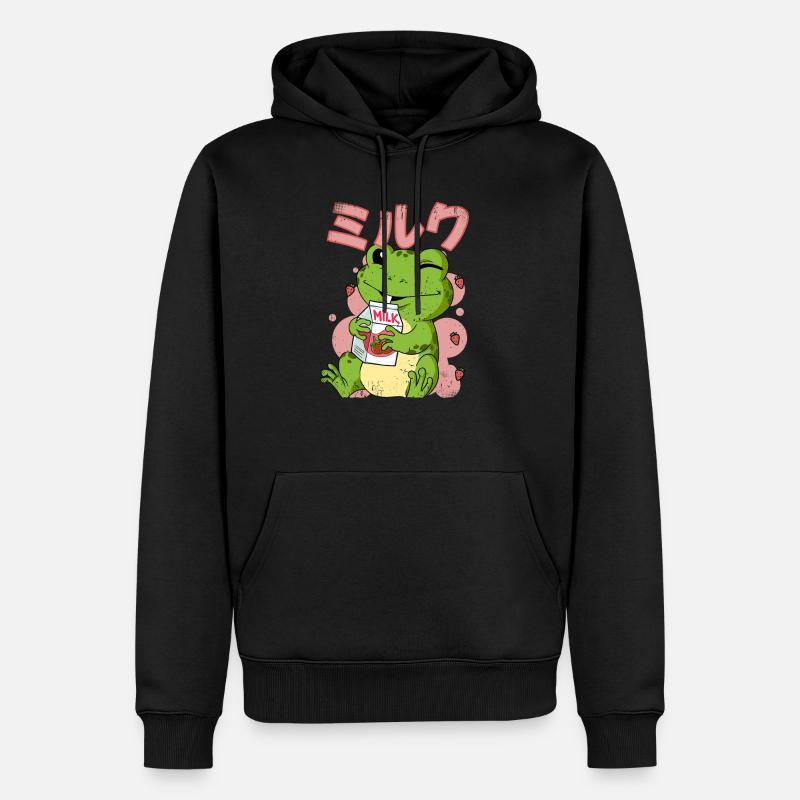 Kawaii Frog Strawberry Lait - Sweat à capuche Premium bio Homme - noir