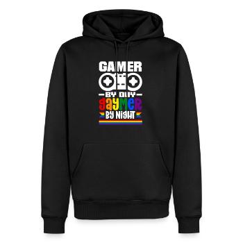 Gamer by day Gaymer by night Rainbow Pride LGBTQ+ - Männer Premium Bio Hoodie - Schwarz - Vorne - Nico (187cm)