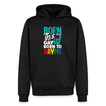 Né ce gay né à Gayme - Sweat à capuche Premium bio Homme - noir - Devant - Nico (187cm)