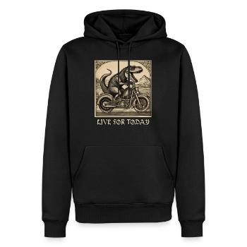 Motorcycle Dinosaur Woodcut: Live for Today - Männer Premium Bio Hoodie - Schwarz - Vorne - Nico (187cm)