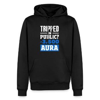 Trébuché en public ? -3500 Aura - Sweat à capuche Premium bio Homme - noir - Devant - Nico (187cm)