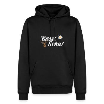 Basst Scho | Trachten Hirsch - Männer Premium Bio Hoodie - Schwarz - Vorne - Nico (187cm)