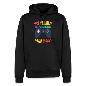 Gamer Geek My Game is Paused Talk Fast jeu - Sweat à capuche Premium bio Homme - noir - Devant - Nico (187cm)