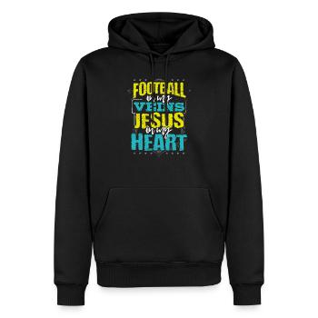 Fußballliebhaber Geschenk Fußball ist in meinen Adern Jesus - Männer Premium Bio Hoodie - Schwarz - Vorne - Nico (187cm)
