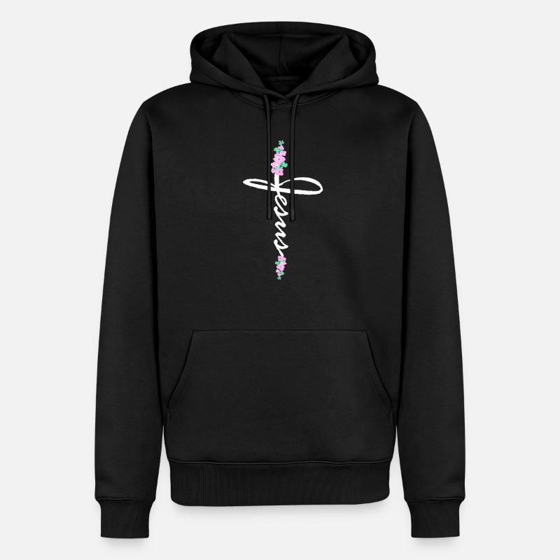 Jésus croix lettrage avec des fleurs - Sweat à capuche Premium bio Homme - noir