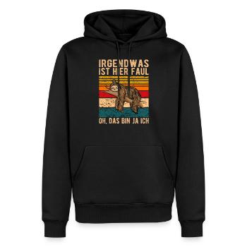 Faultier | Irgendwas ist faul hier - Männer Premium Bio Hoodie - Schwarz - Vorne - Nico (187cm)