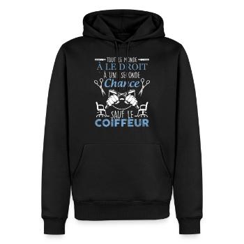 Coiffeur citation drole métier coiffure - Sweat à capuche Premium bio Homme - noir - Devant - Nico (187cm)