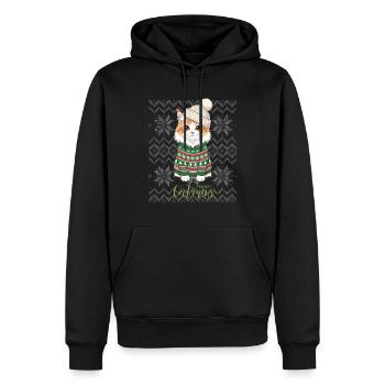 Katzenweihnachten im grünen und beigefarbenen Pullover - Männer Premium Bio Hoodie - Schwarz - Vorne - Nico (187cm)