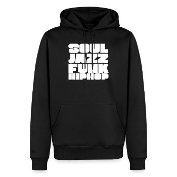 Soul Jazz Funk HipHop Typeface - Men’s Premium Organic Hoodie - black - Front - Nico (187cm)