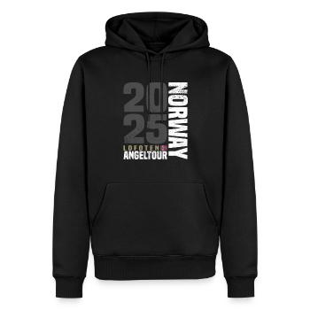 Lofoten Norwegen Angeltour 2025 - Männer Premium Bio Hoodie - Schwarz - Vorne - Nico (187cm)