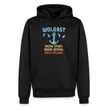 Wolgast Sprüche - Männer Premium Bio Hoodie - Schwarz - Vorne - Nico (187cm)