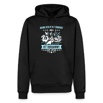 Wolgast Sprüche - Männer Premium Bio Hoodie - Schwarz - Vorne - Nico (187cm)