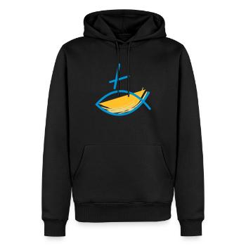 Altkatholischer Logo Fisch Blau/Gelb - Männer Premium Bio Hoodie - Schwarz - Vorne - Nico (187cm)