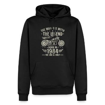 1984 Vintage Man Myth Legend Motorcycle - Men’s Premium Organic Hoodie - black - Front - Nico (187cm)