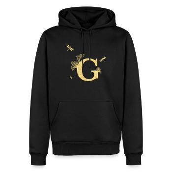 Buchstabe g goldene Glitzerlibelle - Geschenkidee - Männer Premium Bio Hoodie - Schwarz - Vorne - Nico (187cm)