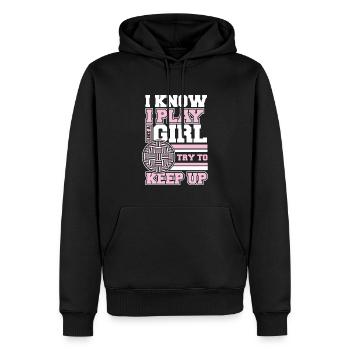 Ich weiß, dass ich wie ein Mädchen im Gefängnisball-Teamspiel spiele - Männer Premium Bio Hoodie - Schwarz - Vorne - Nico (187cm)