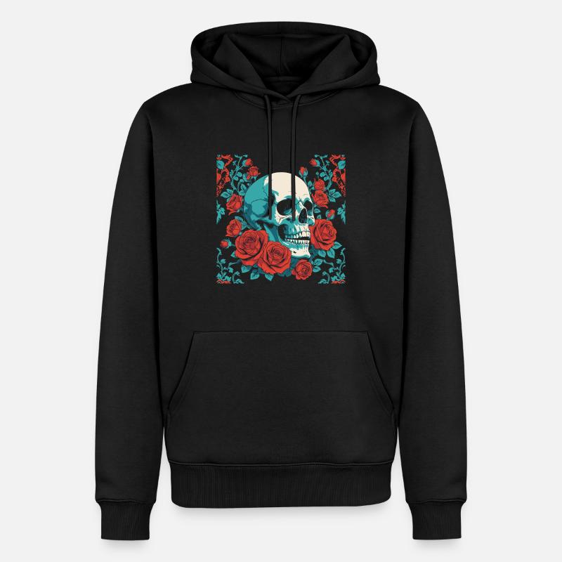 Retro Totenkopf mit roten Rosen Design - Männer Premium Bio Hoodie - Schwarz