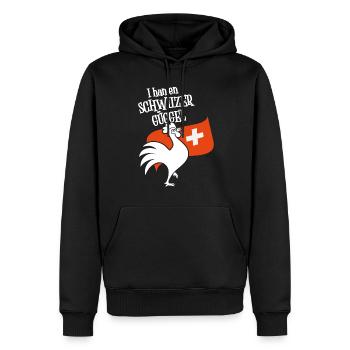 Krähender Hahn vor Schweizer Flagge für den Bauer! - Männer Premium Bio Hoodie - Schwarz - Vorne - Nico (187cm)