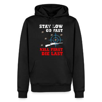 Rester bas, aller vite, tuer le premier, mourir, dernier tireur d’élite - Sweat à capuche Premium bio Homme - noir - Devant - Nico (187cm)