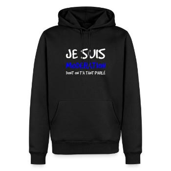 Je suis modération dont on t'a tant parlé - Sweat à capuche Premium bio Homme - noir - Devant - Nico (187cm)