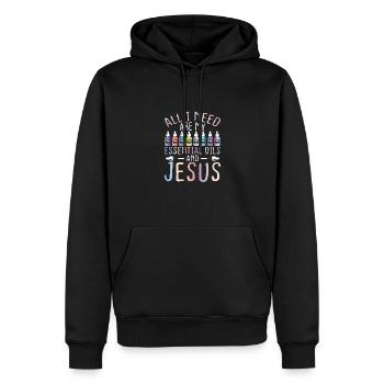 Christliches Geschenk EO Praktiker Alles, was ich brauche - Männer Premium Bio Hoodie - Schwarz - Vorne - Nico (187cm)