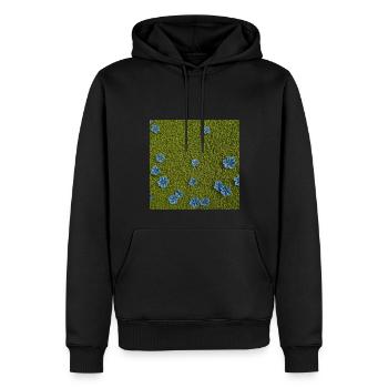 Fleurs : Petites fleurs bleues irisées sur la pelouse. - Sweat à capuche Premium bio Homme - noir - Devant - Nico (187cm)