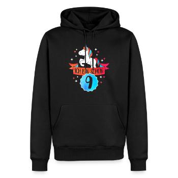 J’ai neuf ans - anniversaire-Einhorn - Sweat à capuche Premium bio Homme - noir - Devant - Nico (187cm)